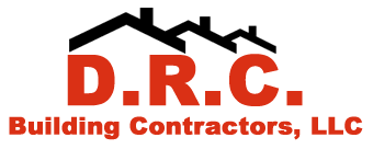 D.R.C. Building Contractors, LLC logo in red with black roofline graphic on white background