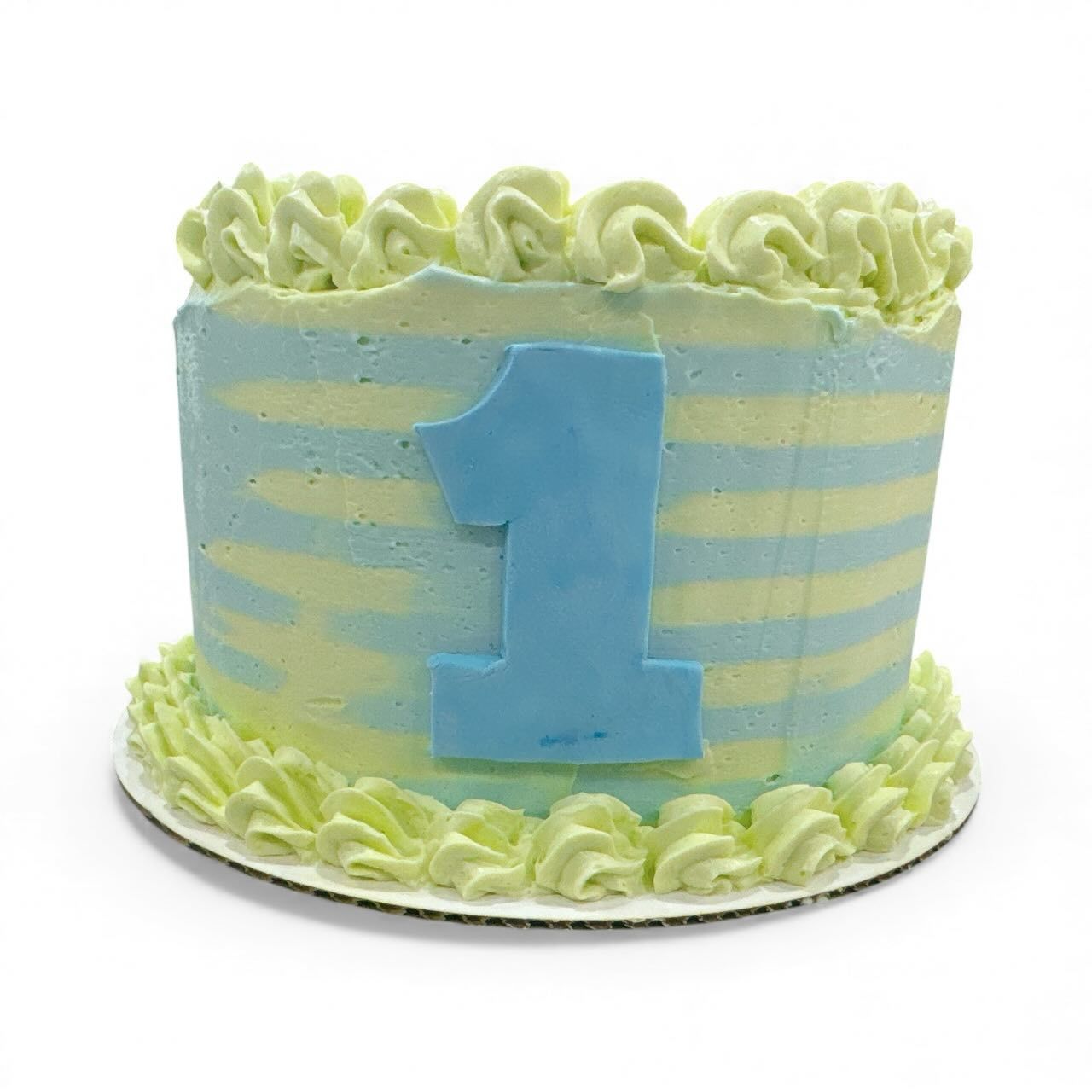 Blue and yellow striped cake with a blue 