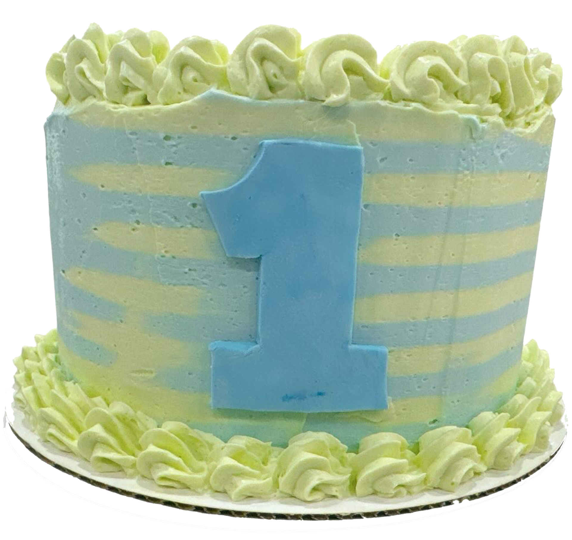Cake with blue and yellow striped frosting, light blue number