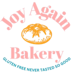 Logo for Joy Again Bakery, pink text, illustration of bread, tagline "gluten free never tasted so good."