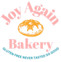 Logo for Joy Again Bakery, pink text, illustration of bread, tagline "gluten free never tasted so good."