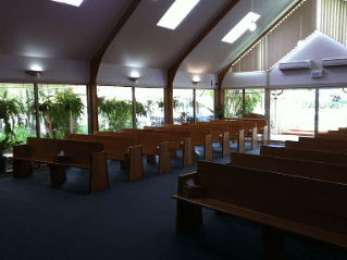 This is looking towards the seating and widow in the Great Southern Memorial Park Chapel from the front