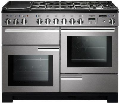 A stainless steel stove with four burners and two ovens