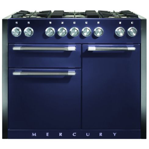 A blue Mercury range  oven is sitting on top of a tiled floor in a kitchen.
