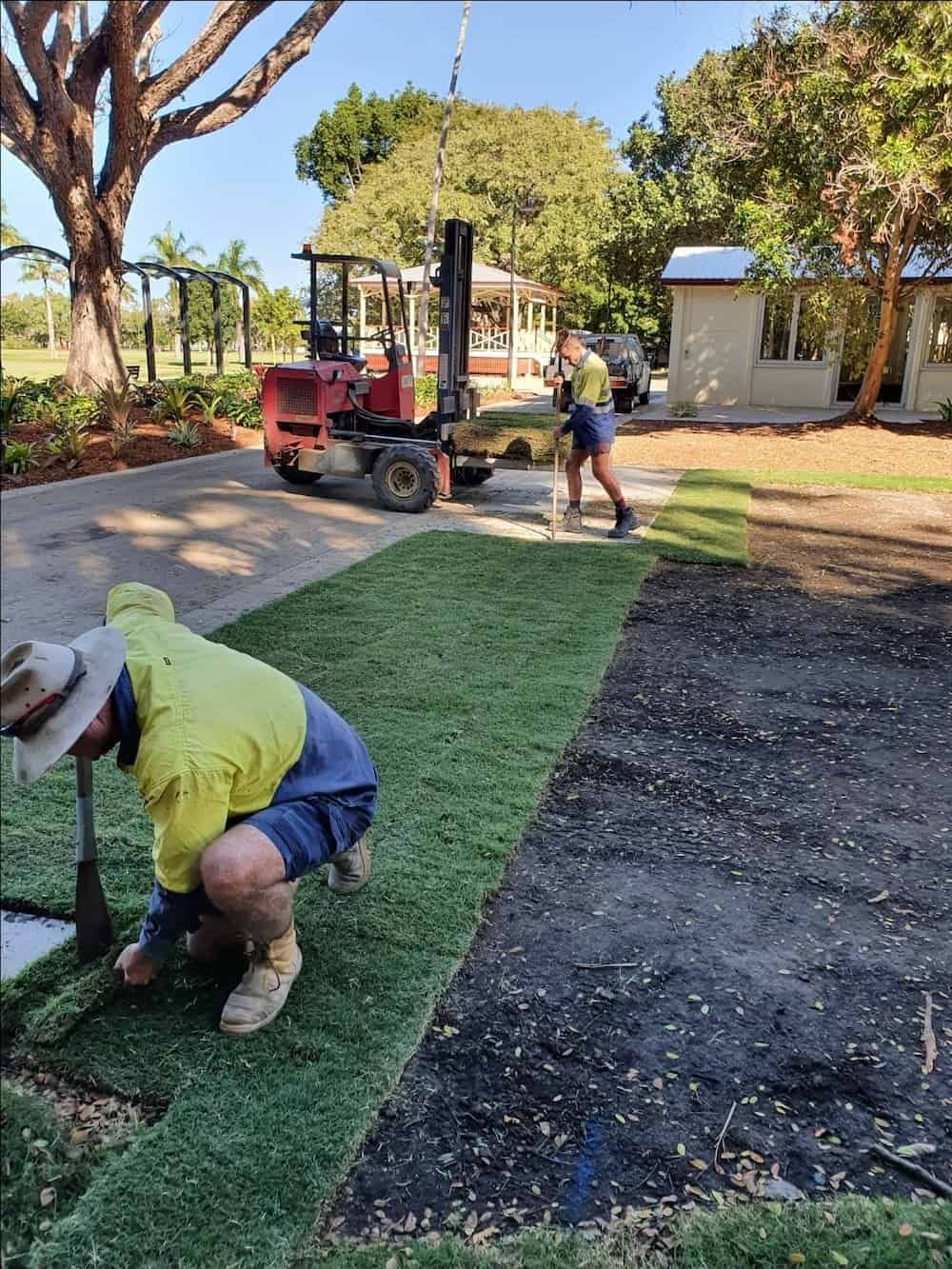 Two Men Are Working On A Lawn With A Forklift In The Background — Marian Lawns In Bowen, QLD