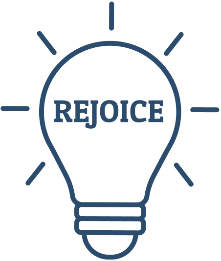 A dark blue, simplified line drawing of a glowing light bulb with the word