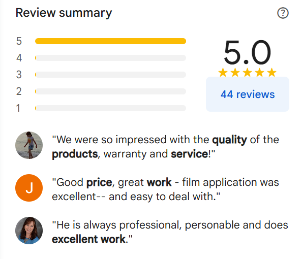 A review summary for a company with 44 reviews Florida Film Solutions