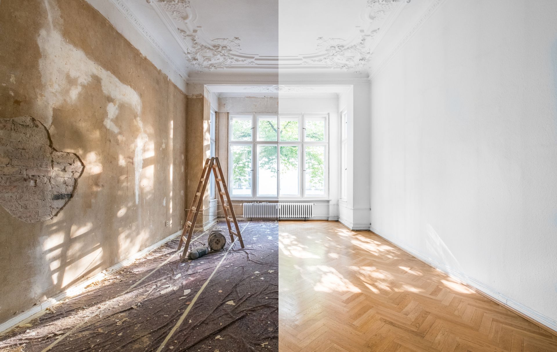 Before and after apartment renovation: Empty room with worn-out flooring and peeling paint, transformed into a stylish, modern living space with new hardwood floors and fresh paint.