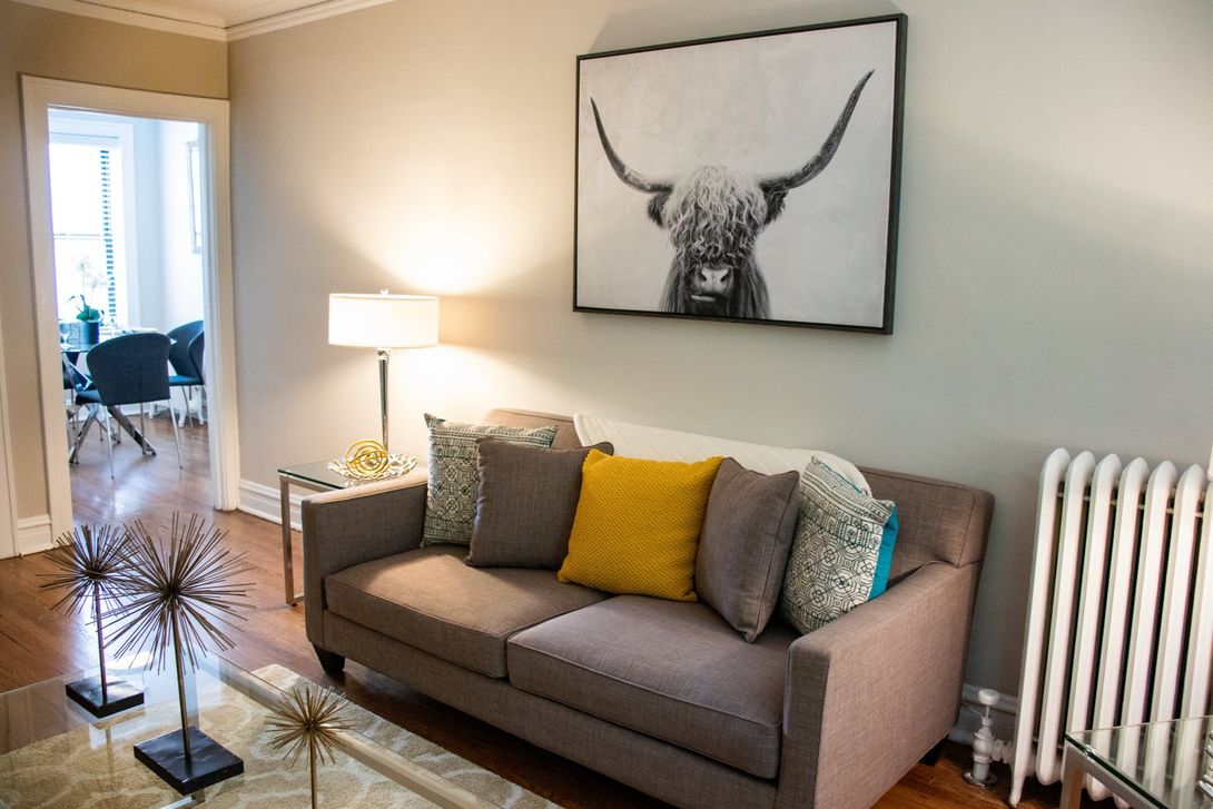 Apartment living room with a couch and a picture of a bull on the wall at Reside at 849.