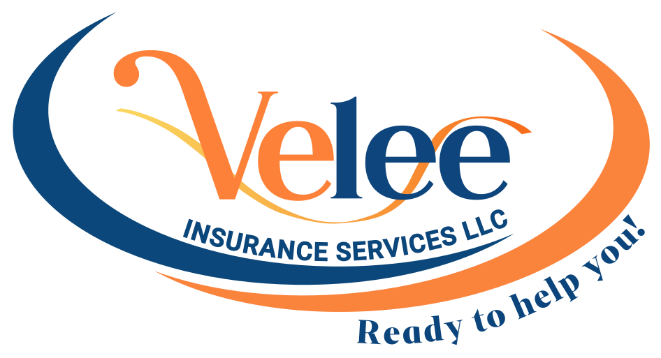 Logo for Velee Insurance Services: Blue and orange arcs frame the text "Velee" and "Insurance Services LLC". "Ready to help you!" is also present.