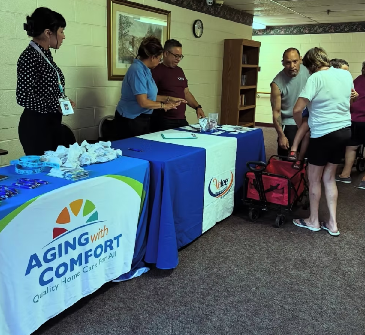 A branded blue table for 