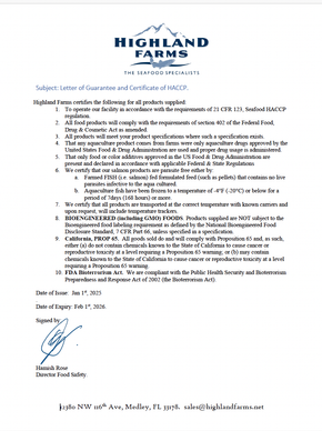 Highland Farms FDA Certificate