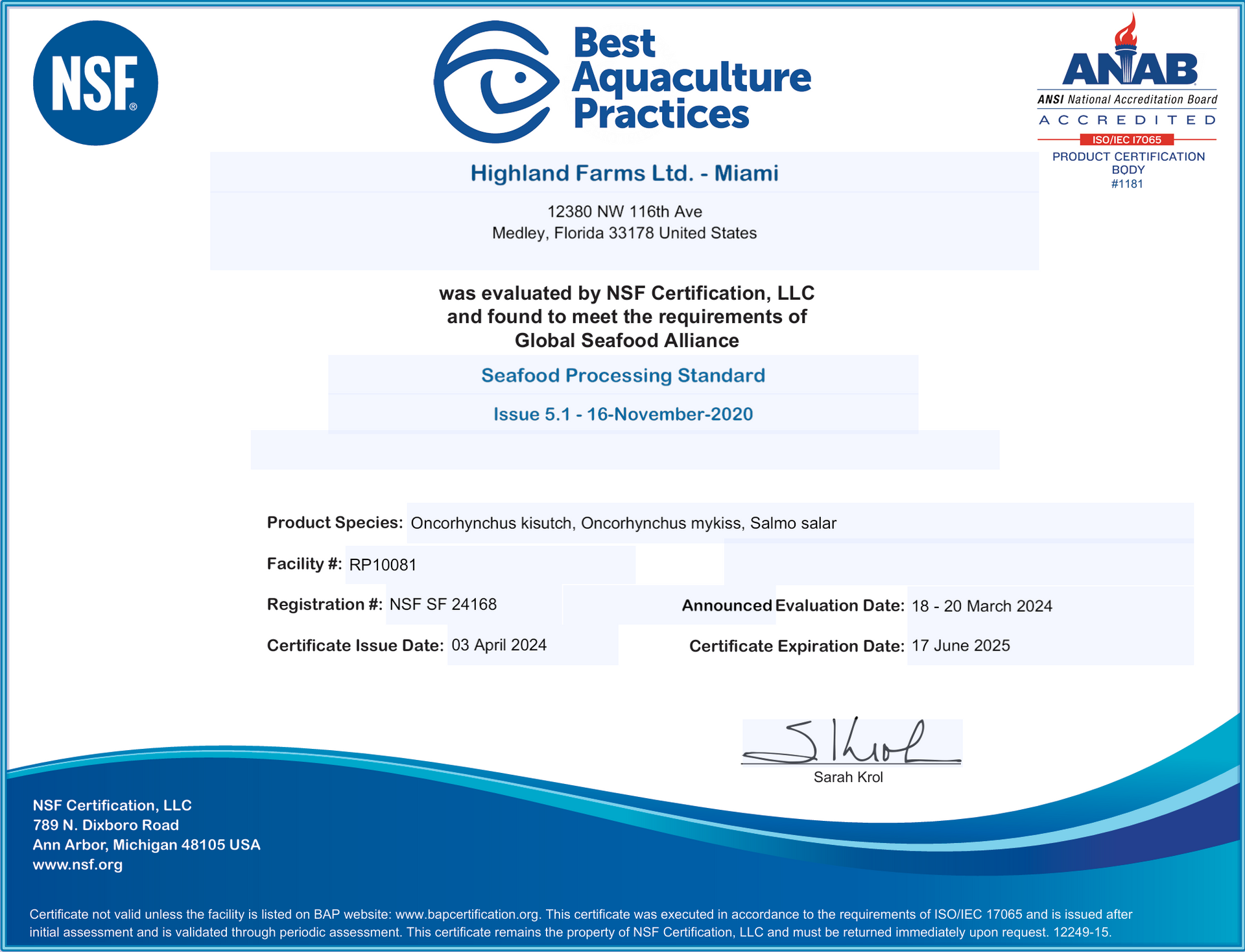 Highland Farms BAP Certificate