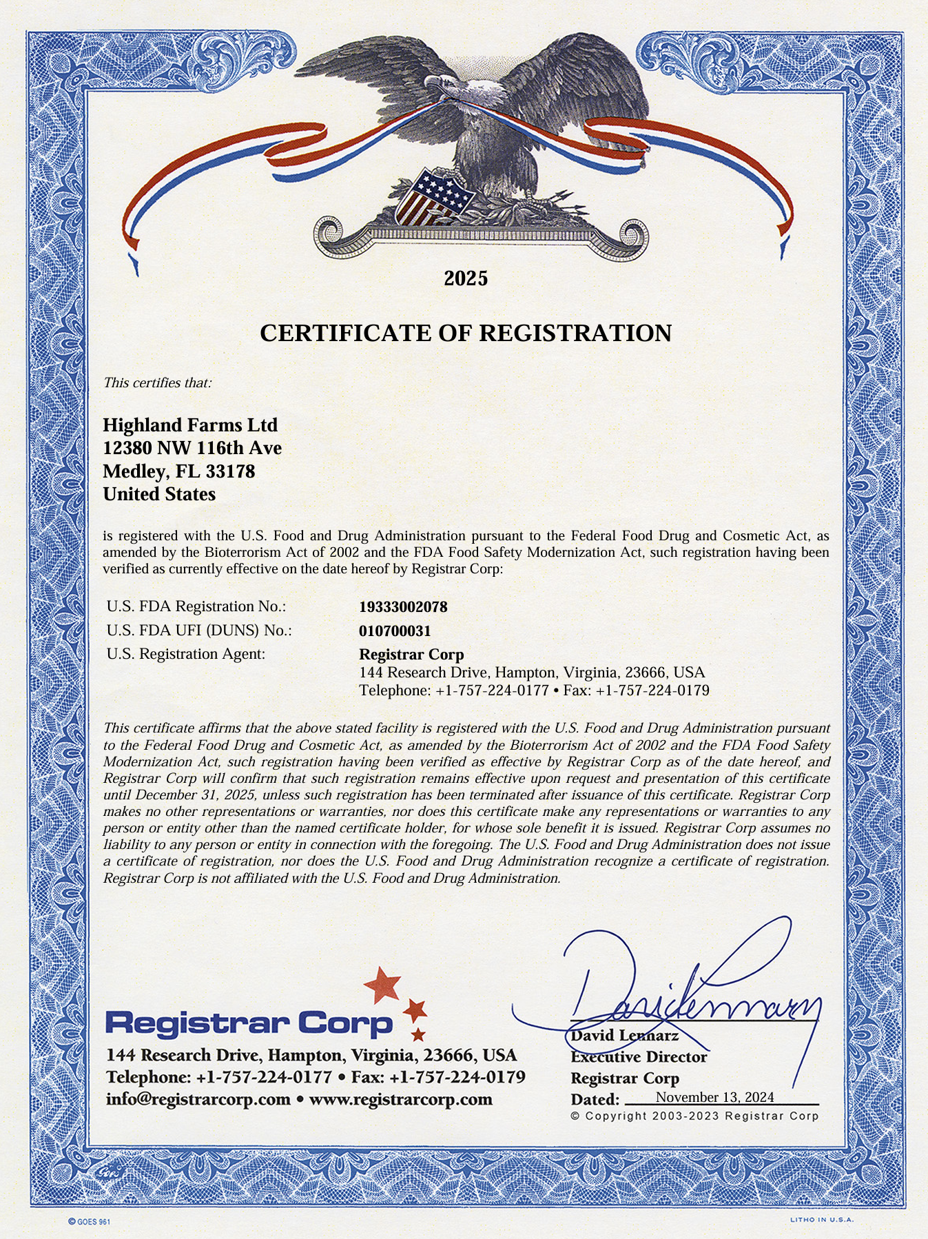 Highland Farms FDA Certificate