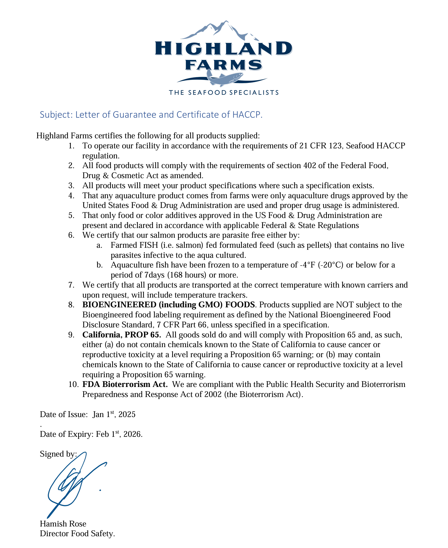 Highland Farms FDA Certificate