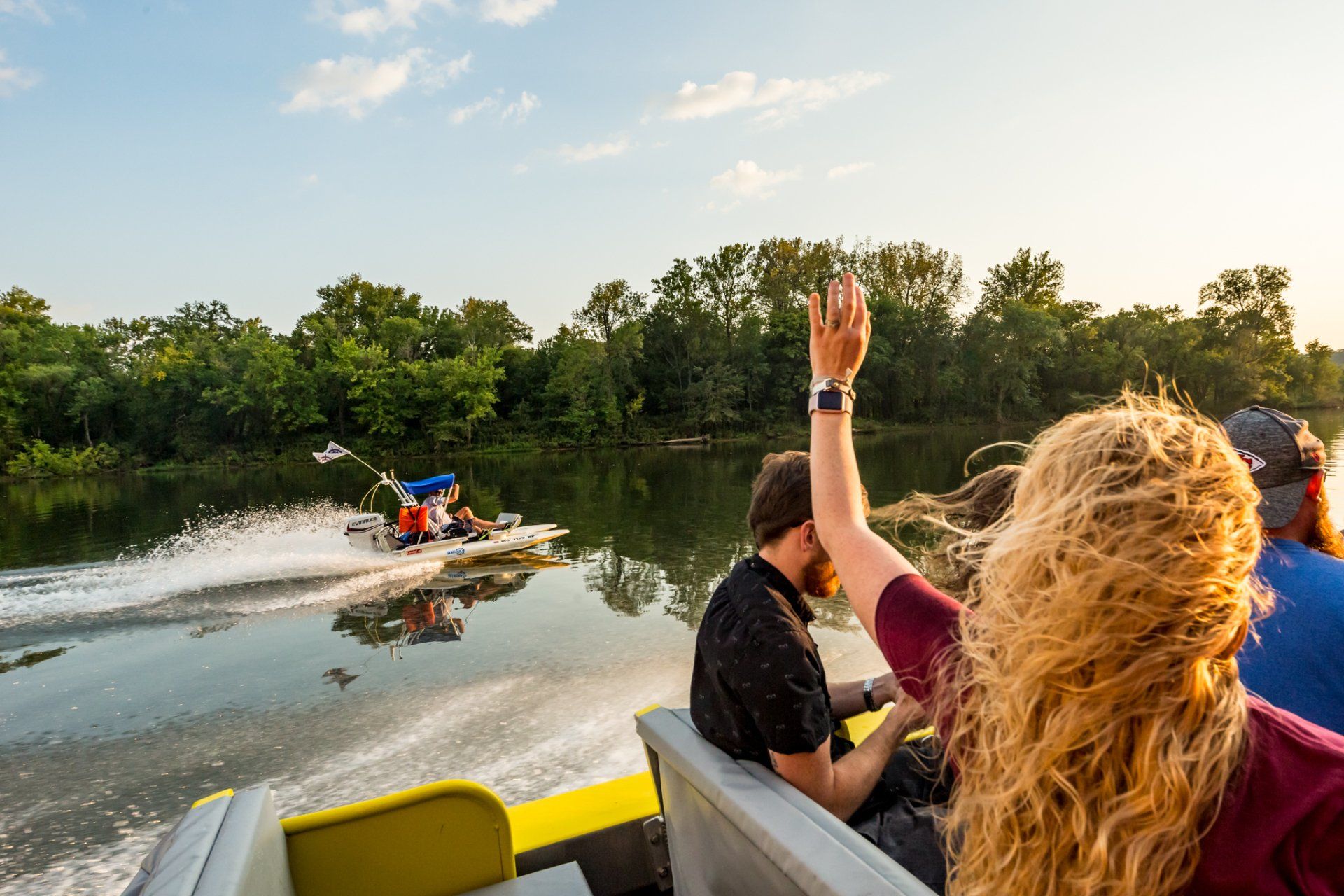 Back of people's heads in a Branson Jet Boat