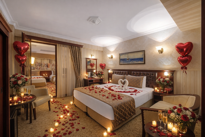 A romantically decorated hotel room featuring rose petals, heart-shaped balloons, candles, and swan-shaped towels on a bed.