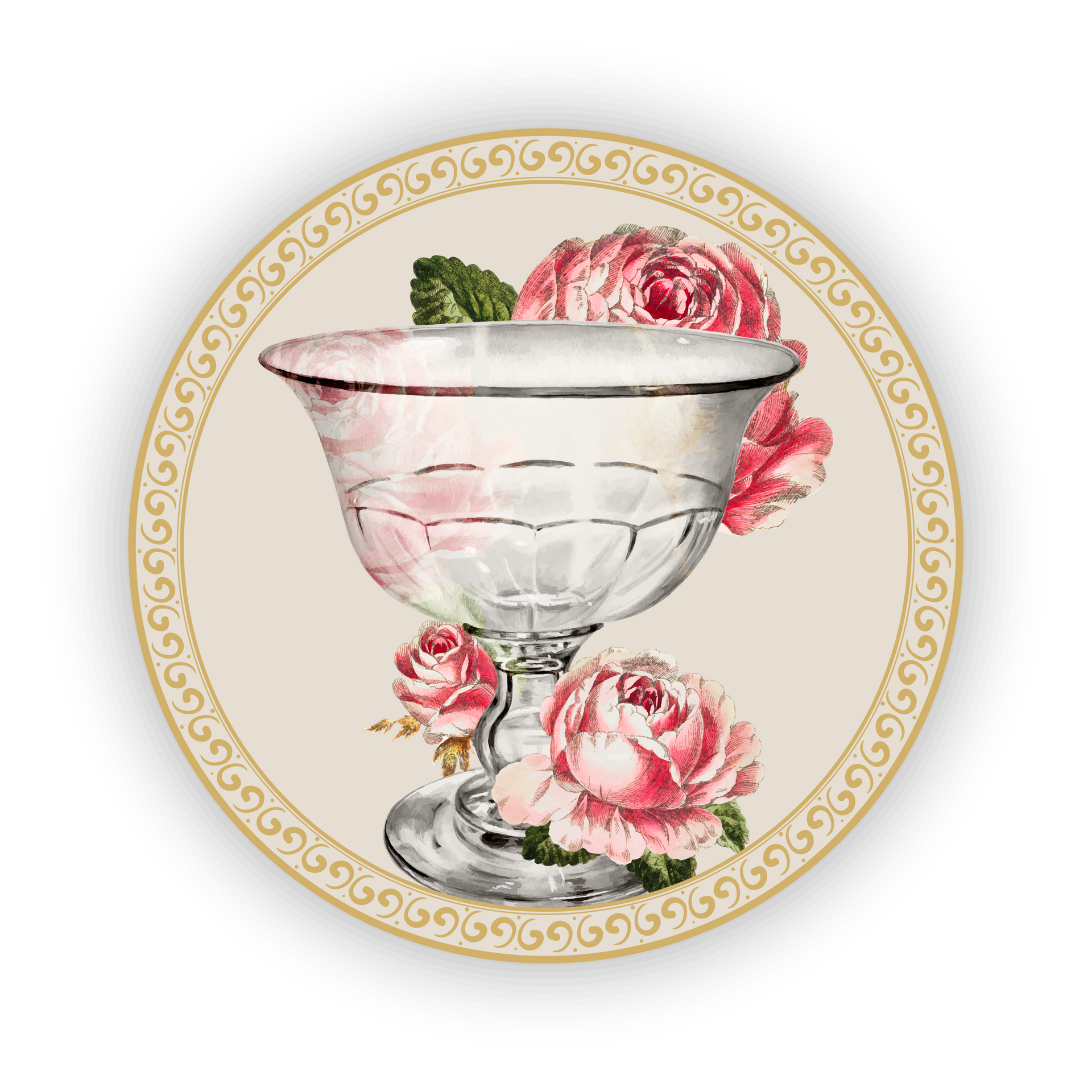 A round, vintage-style design featuring an empty glass goblet surrounded by pink roses, framed by a golden filigree border.