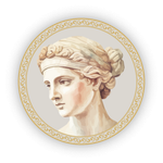 A classic-style illustration of a profile bust within a gold-bordered circle, featuring soft, neutral tones.