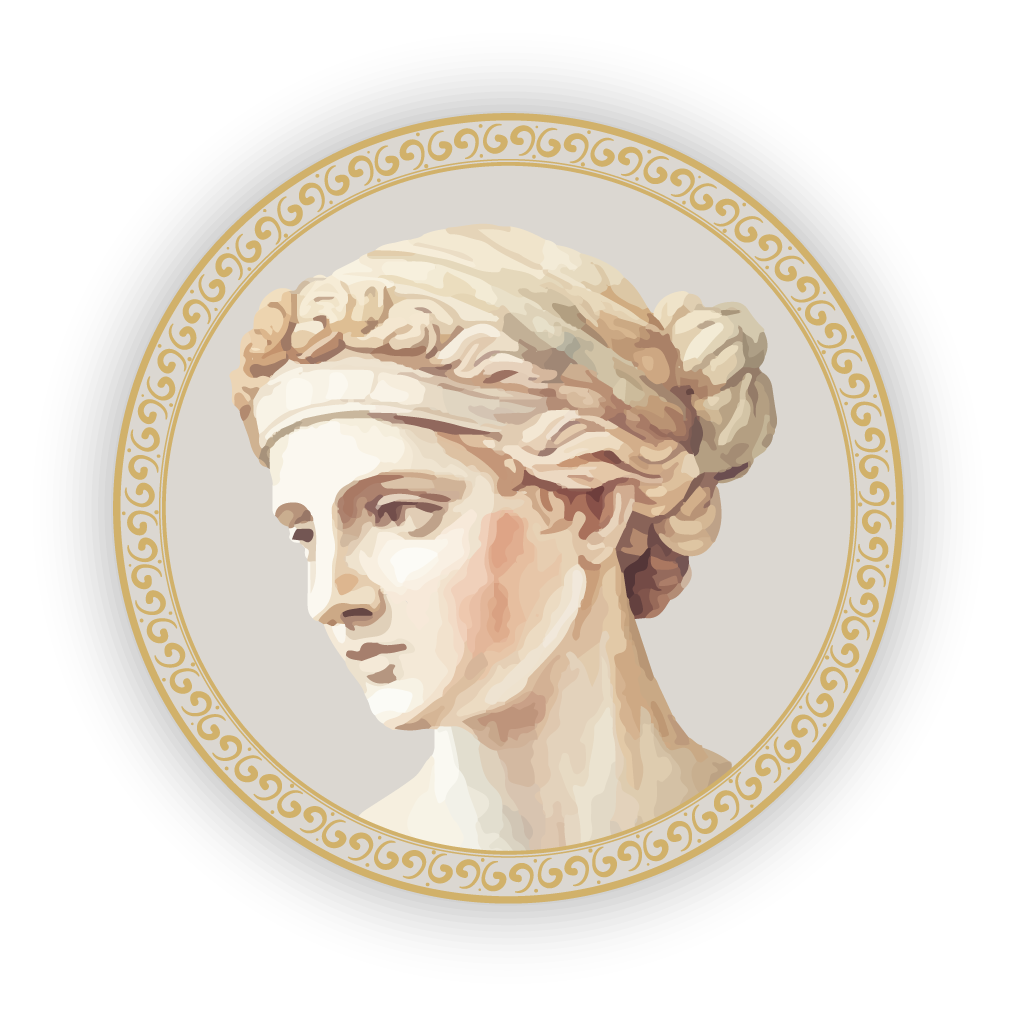 A classic-style illustration of a profile bust within a gold-bordered circle, featuring soft, neutral tones.