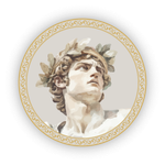 A classical statue head of a person wearing a laurel wreath, centered in a circular frame with a gold decorative border.