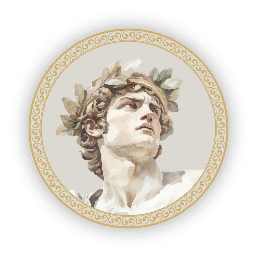 A classical statue head of a person wearing a laurel wreath, centered in a circular frame with a gold decorative border.