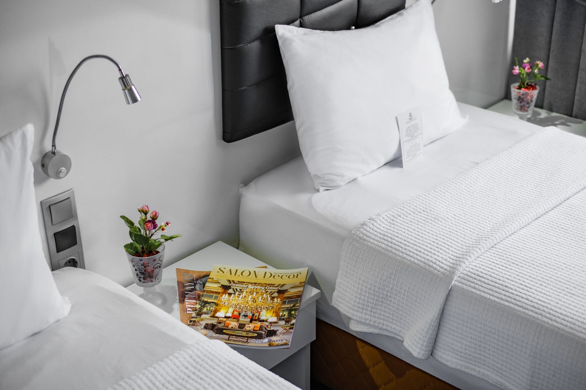 İzmir Park Hotel's room with two white beds, a shared nightstand featuring a small potted plant and a travel magazine.