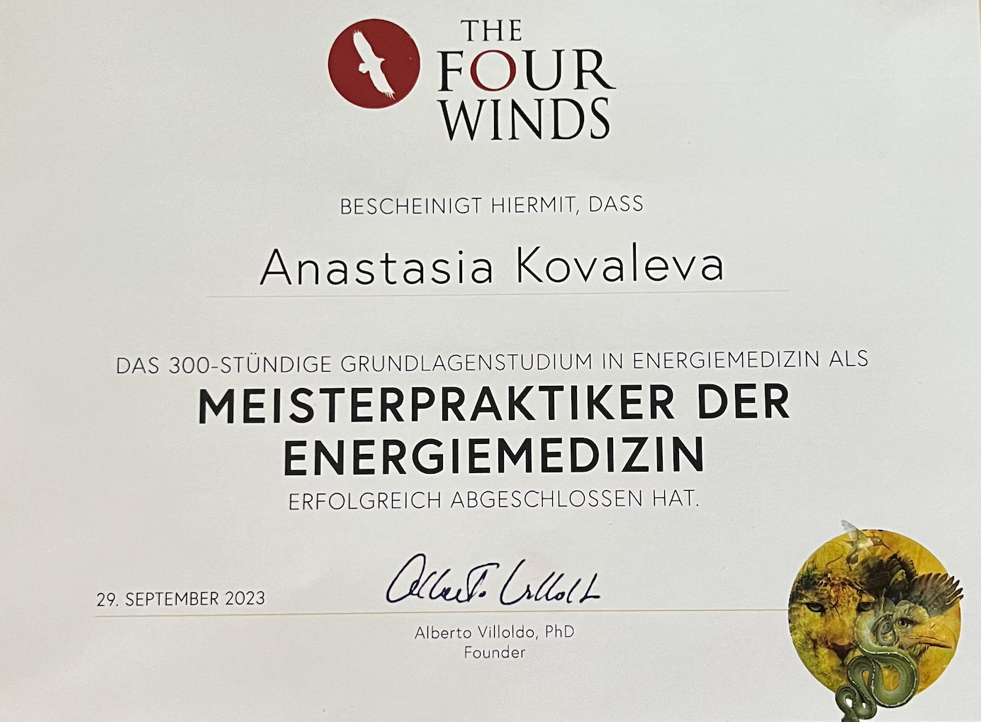 Zertifikat von Anastasia Kovaleva Meisterpraktiker der Energiemedizin