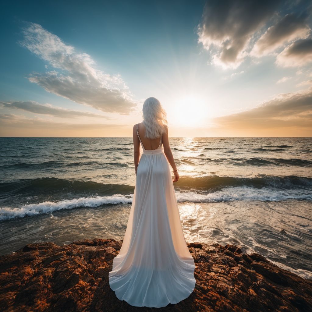 Frau in weißem Kleid am Strand