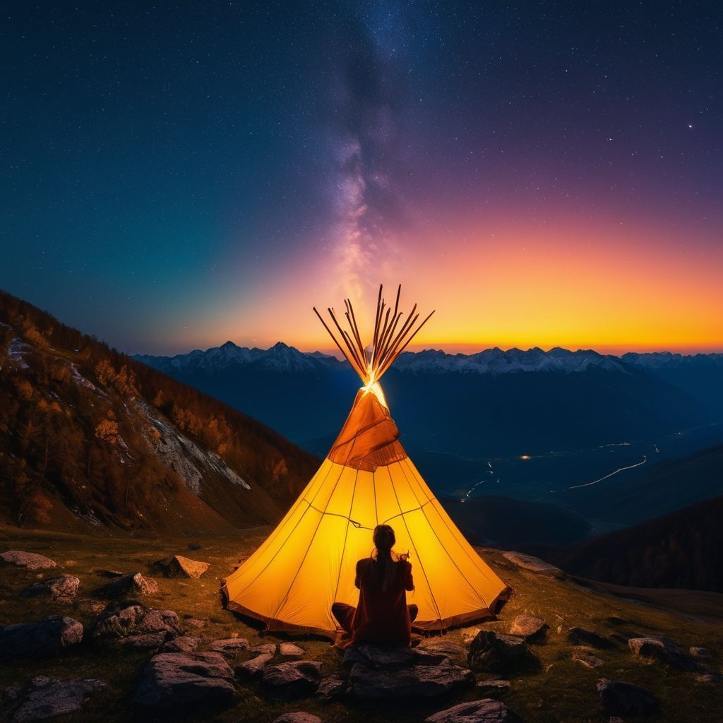 Schamane vor einem Tipi auf einem Berg