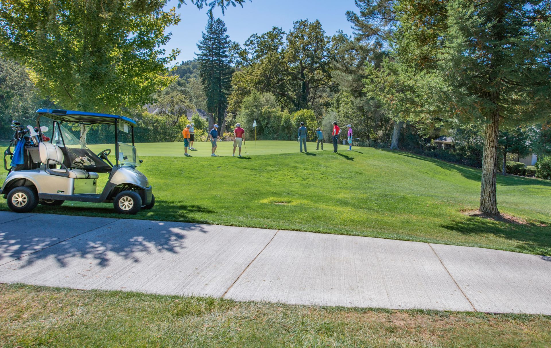 A golf cart is parked on the side of the road next to a golf course.