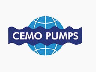 A blue and white logo for cemo pumps with a globe in the middle.
