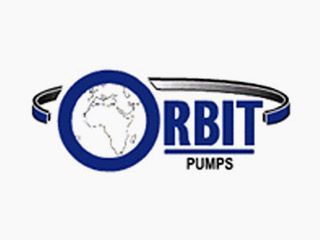 A blue and white logo for orbit pumps with a globe in the middle.