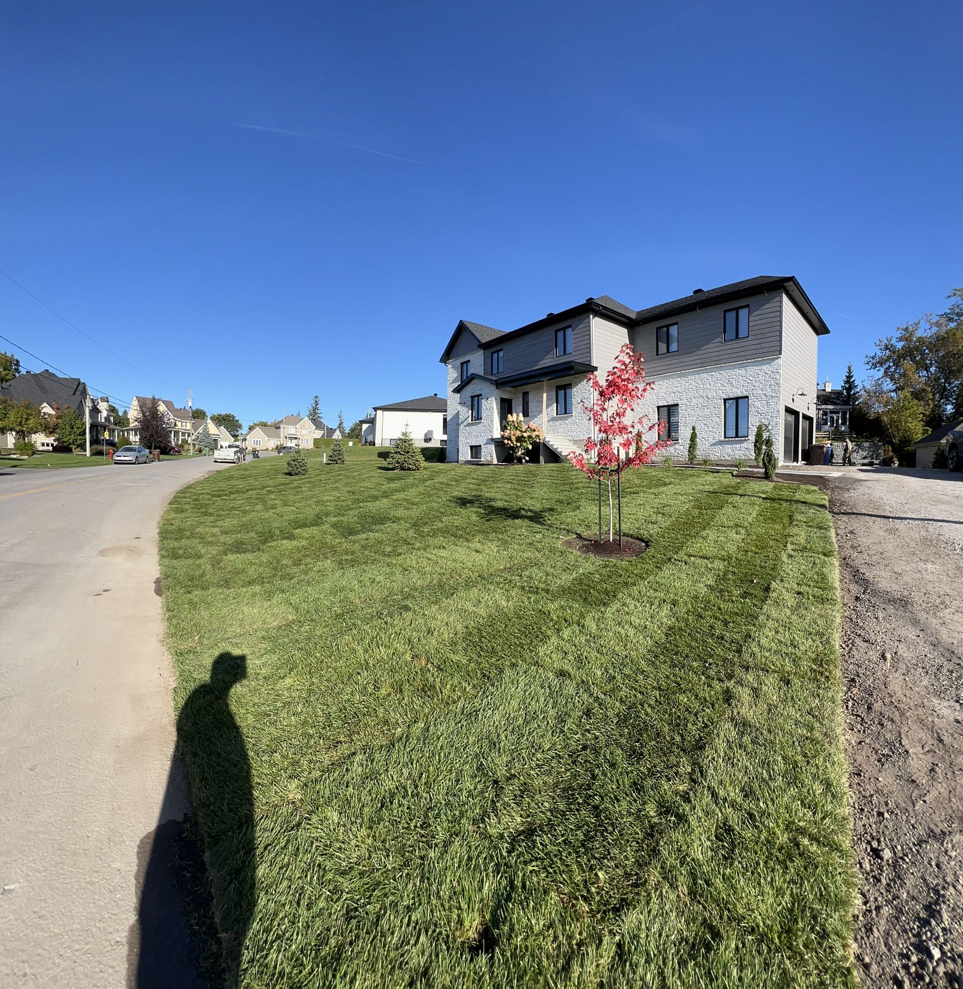 Une maison est située au sommet d'une colline herbeuse à côté d'une route.