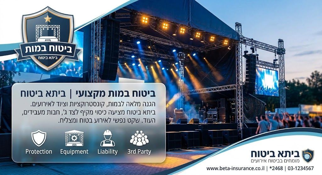 כרזה שיווקית של ביתא ביטוח המתארת במות לאירועים מוגנות על ידי מגן בטיחות, עם כיתוב 