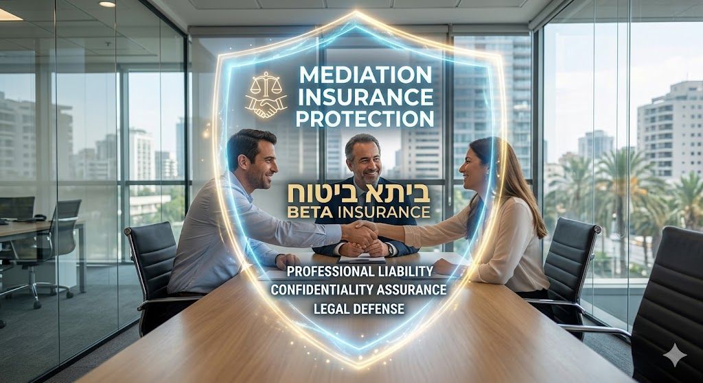 פגישת גישור במשרד מודרני שבה שני צדדים לוחצים ידיים בחיוך, מוקפים במגן הולוגרמי זוהר של 