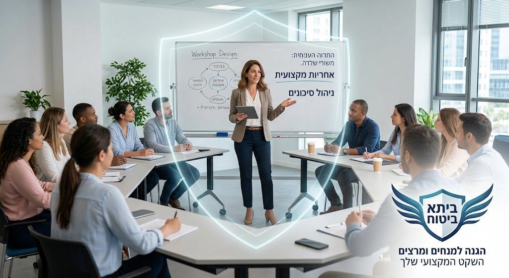צילום מציאותי של מנחת קבוצות מקצועית ישראלית המנחה סדנה פעילה בחלל מודרני, עם מגן שקוף דיגיטלי עדין המקיף את המשתתפים. בפינה התחתונה מופיע לוגו של 'ביתא ביטוח - הגנה למנחים ומרצים'. התמונה משדרת אחריות מקצועית, ניהול סיכונים ושקט נפשי.