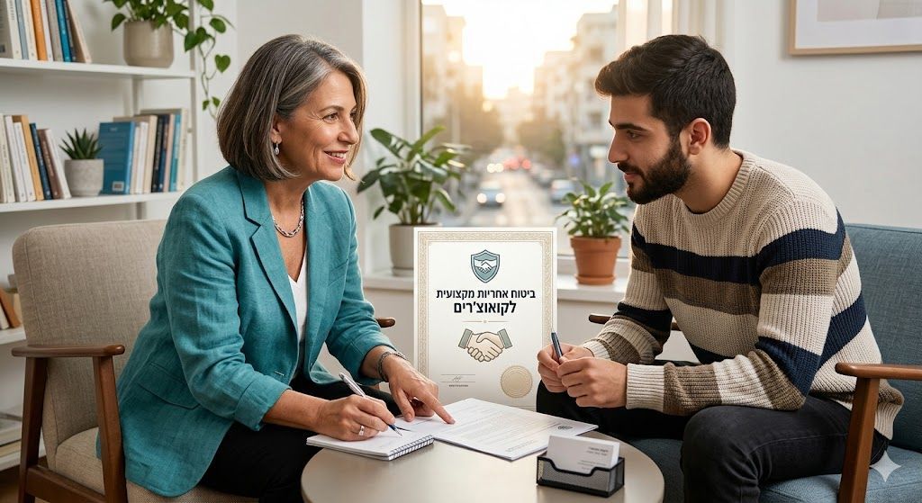מאמנת אישית (קואוצ'רית) מנוסה עם שיער אפור וז'קט טורקיז יושבת מול מתאמן צעיר במשרד מואר, ומצביעה על חוזה חתום. ביניהם מוצבת תעודה רשמית ומעוצבת, שעליה כתוב בבירור בעברית: