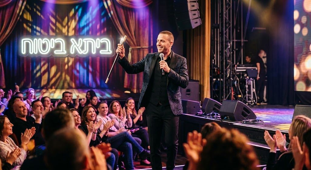 קוסם ובדרן מופיע על במה מול קהל מריע, מחזיק מיקרופון ושרביט, כשברקע מופיע שלט ניאון מואר עם הכיתוב ביתא ביטוח.
