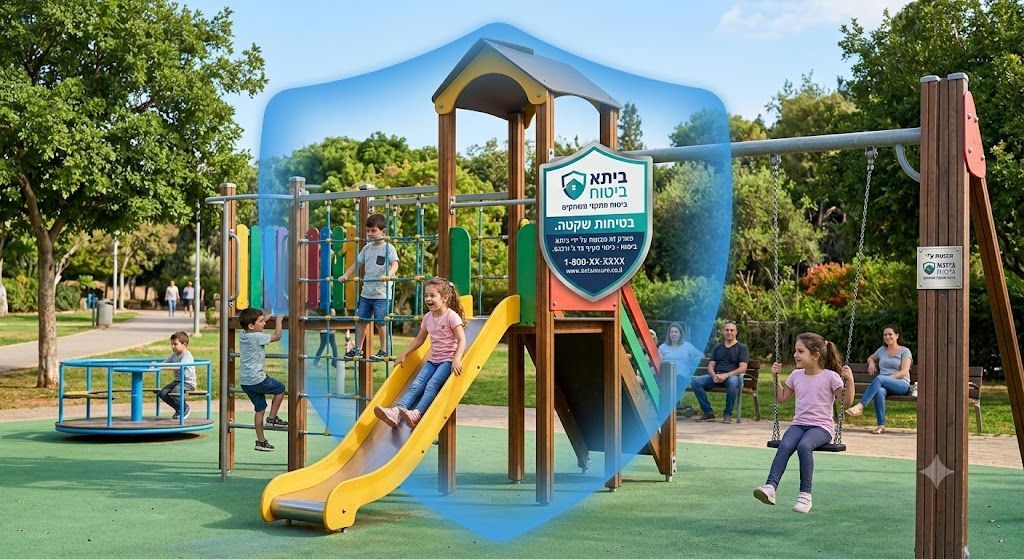 גן משחקים ציבורי עם מגוון מתקני עץ ומגלשה, עטוף במגן כחול שקוף הממחיש את ההגנה הביטוחית. במרכז מוצב שלט בולט עם הכיתוב 'ביתא ביטוח' ולצידו הכיתוב 'בטיחות שקטה. ביטוח מתקני משחקים'. ברקע נראים עצים ירוקים ומשפחות נהנות.