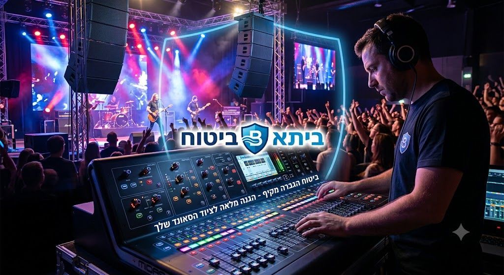תמונה פרסומית המשלבת שתי סצנות: מופע רוק חי מרהיב מול קהל (משמאל) וטכנאי סאונד המפעיל קונסולת מיקסינג דיגיטלית מתקדמת (מימין). במרכז התמונה, בתוך מסגרת מגן כחולה זוהרת, מופיע הלוגו והטקסט הבולט 