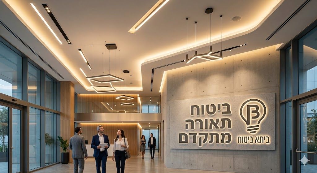 משרד עסקי מודרני עם מגוון גופי תאורה אדריכליים מעוצבים ותאורת לד נסתרת, לצד קיר בטון עליו מופיע הלוגו של ביתא ביטוח עם הכיתוב ביטוח תאורה מתקדם.