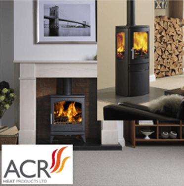 Three wood-burning stoves; one in a fireplace, two freestanding. ACR Heat Products logo.