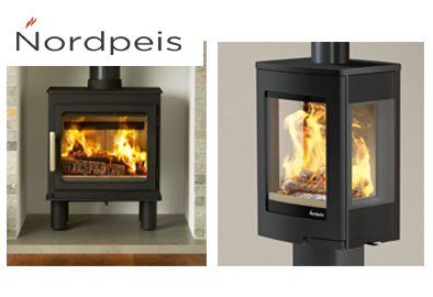 Two Nordpeis wood-burning stoves: one rectangular inside a fireplace, the other with glass sides on a stand, both with flames.