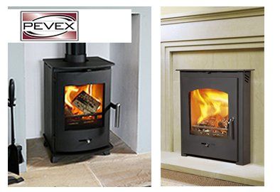Two black PEVEX wood-burning stoves, one freestanding, one in a fireplace, both with burning flames.