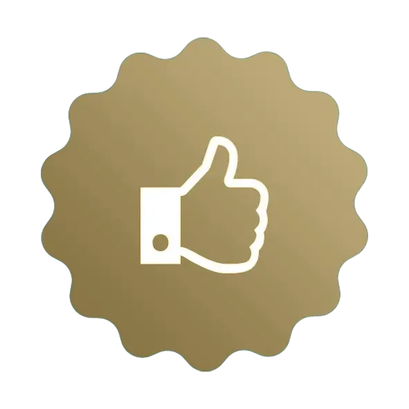 A thumbs up icon in a gold circle on a white background.