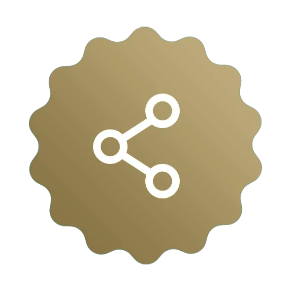 A share icon in a gold circle on a white background.