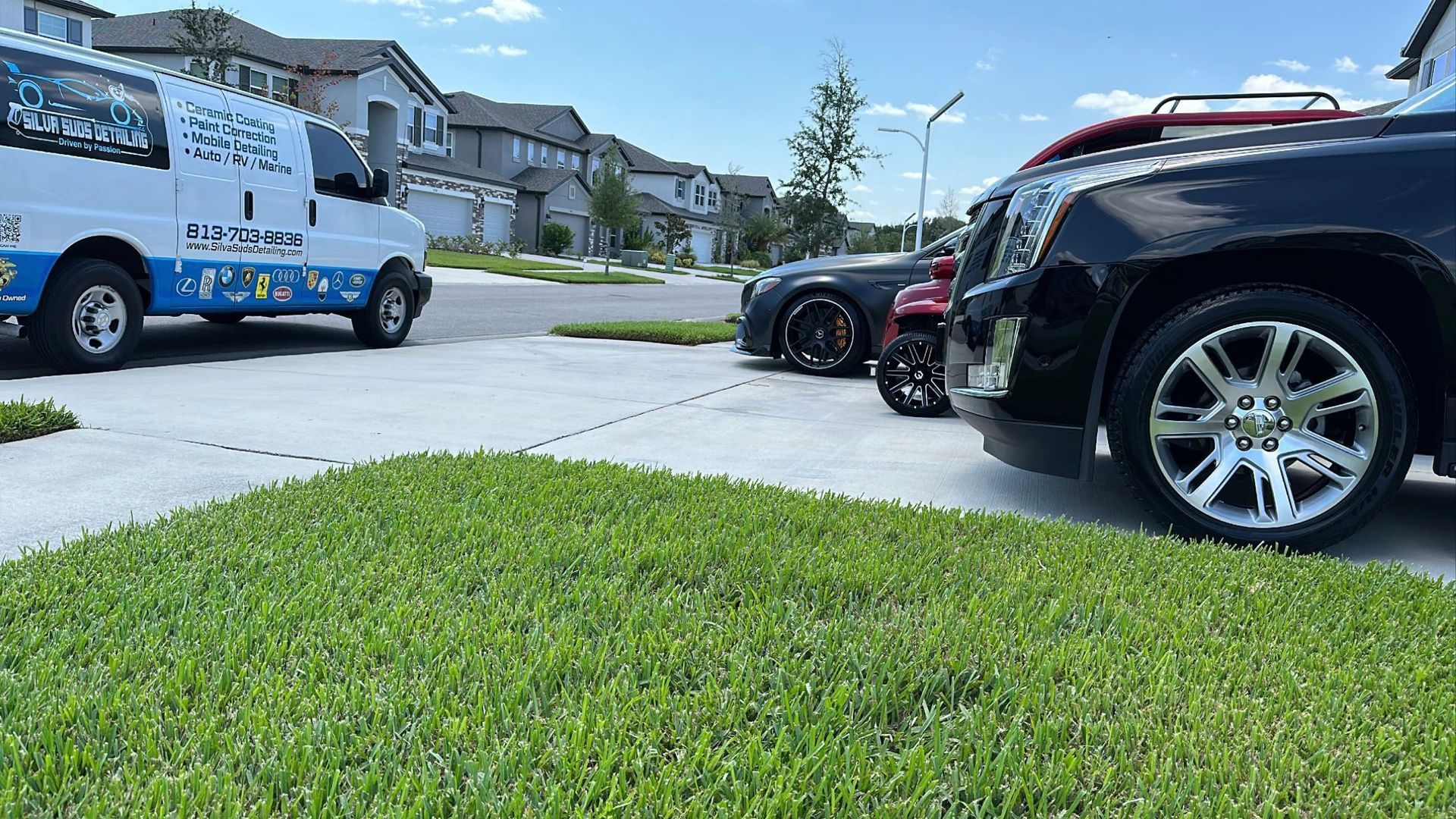 A black car is parked next to a white van in a driveway.