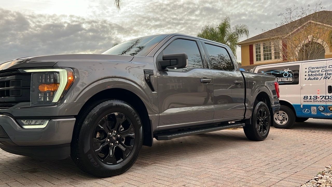A gray truck is parked in a driveway next to a white van.
