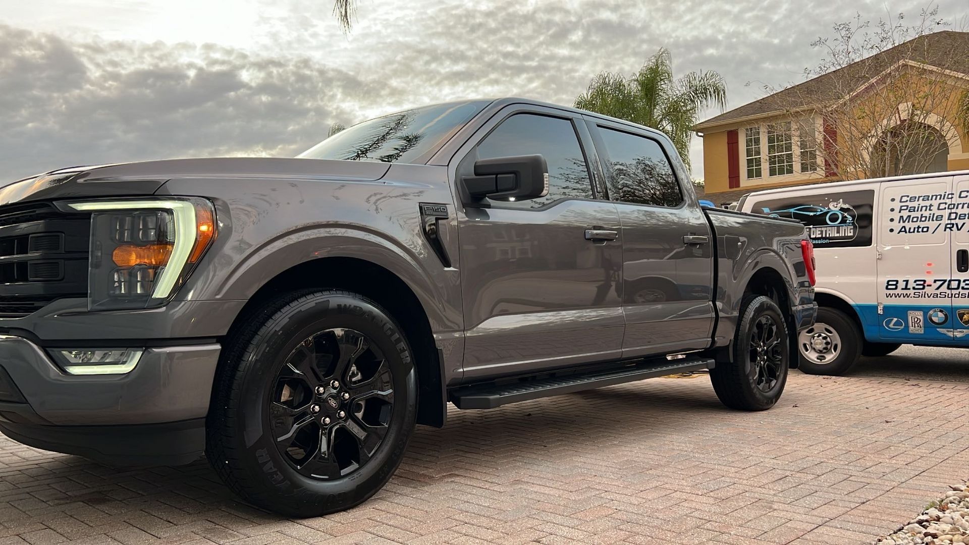 A gray truck is parked in a driveway next to a white van.